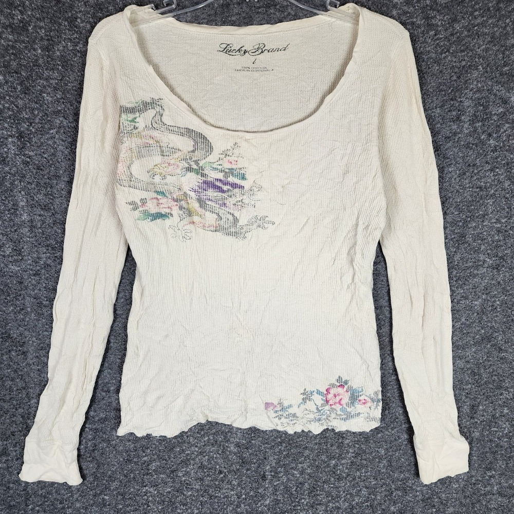 Lucky Brand Thermal Top Womens L Y2K Dragon Floral Cream Waffle Knit EUC